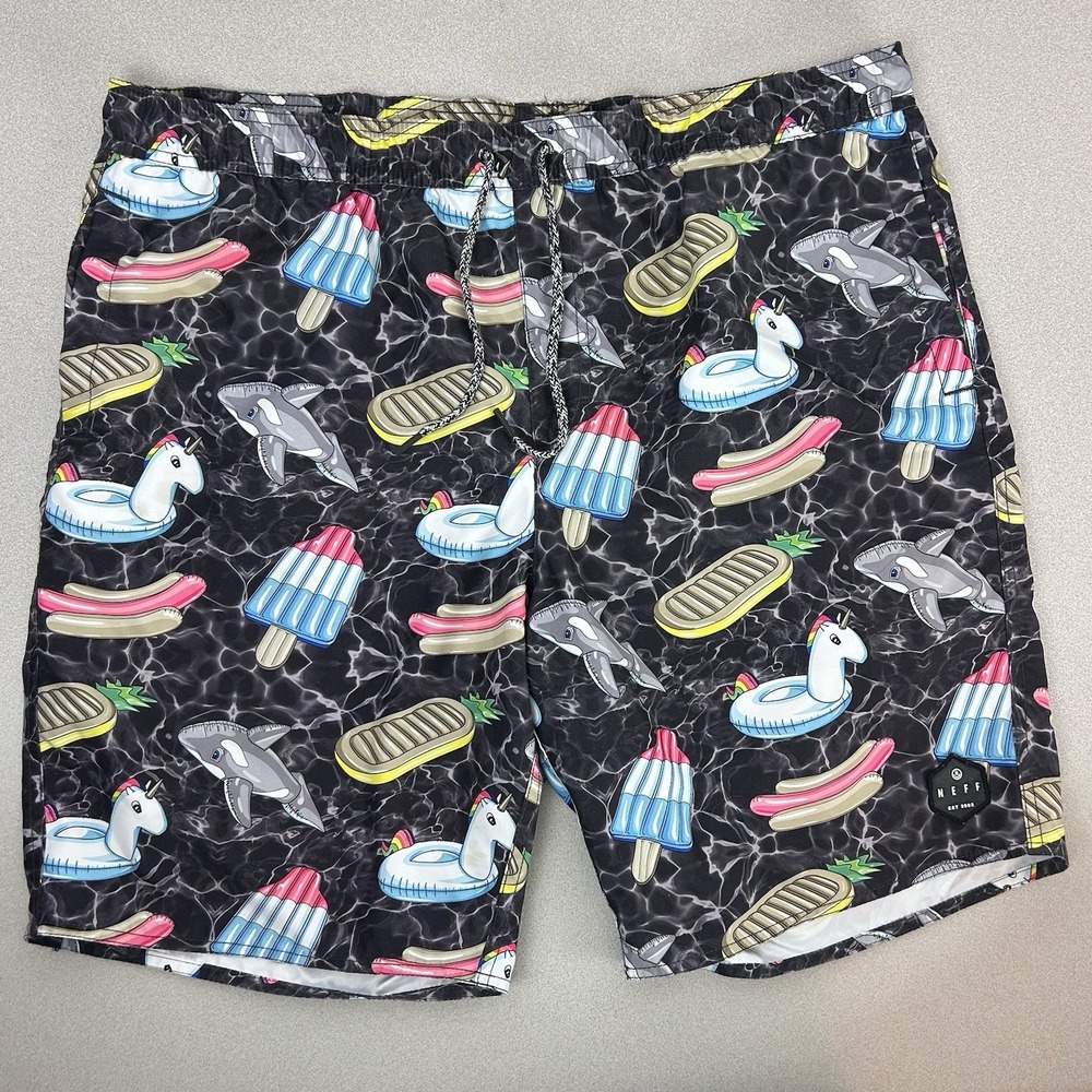 Neff Black Multicolor Blow‎ Pop Rubber Duck Floatie Printed Board Swim Shorts XL